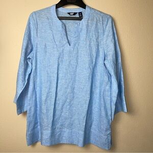 Lands End Tunic Top Womans Medium Beach Blue Linen Blend Notch Neck Side Pockets